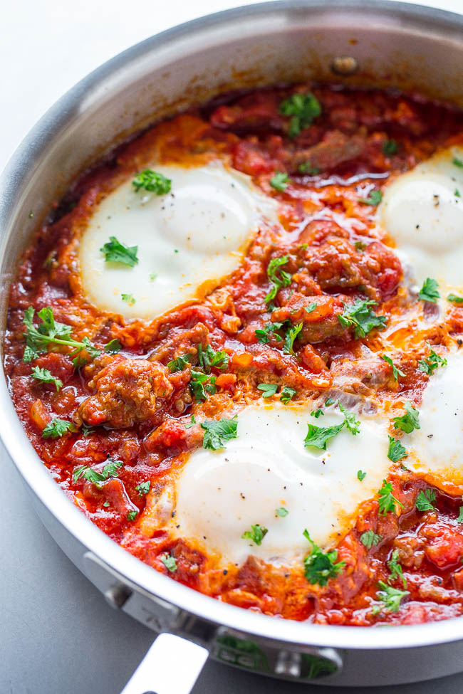 Shakshuka with Italian Sausage (Eggs in Hell) - Averie Cooks