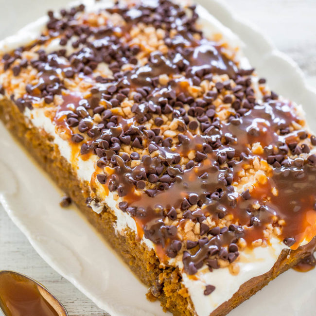 Pumpkin Poke Cake Recipe (with Caramel And Toffee!) - Averie Cooks