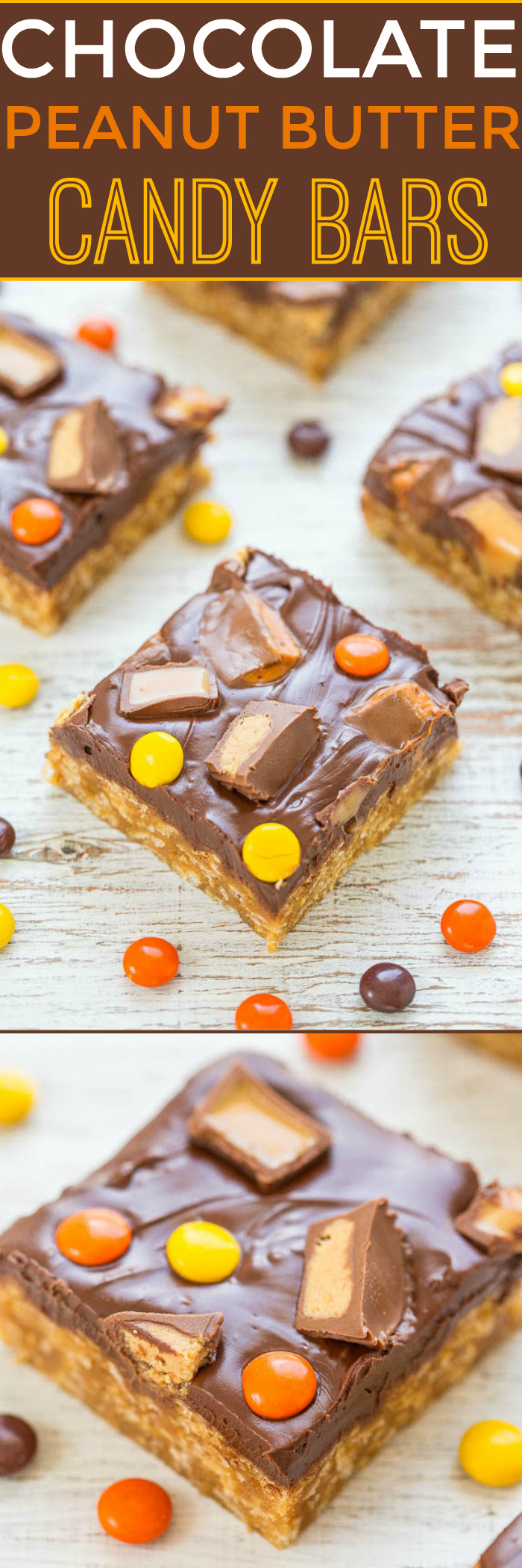 Chocolate Peanut Butter Candy Bars - Easy, no-bake, soft, chewy PEANUT BUTTER bars topped with CHOCOLATE and CANDY!! Great for using up Halloween or extra candy because you can top with any candy!!