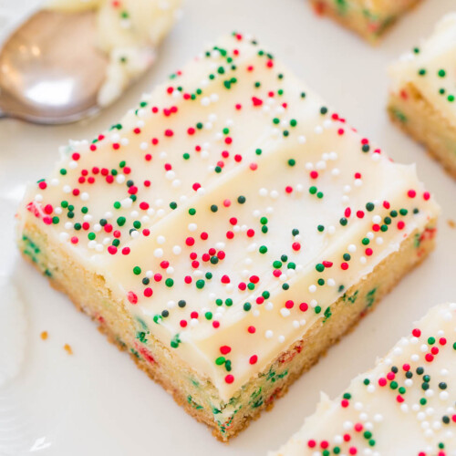 Holiday Sugar Cookie Bars with Cream Cheese Frosting - Averie Cooks