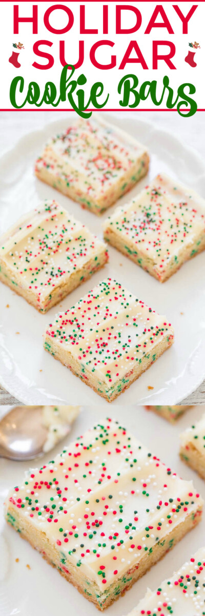 Holiday Sugar Cookie Bars with Cream Cheese Frosting - Averie Cooks