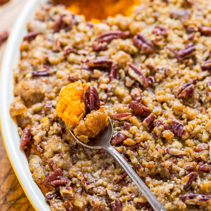 BEST EVER Sweet Potato Casserole with Pecan Topping - Averie Cooks