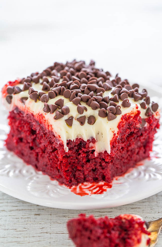 Red Velvet Poke Cake with Cream Cheese Frosting - Averie Cooks