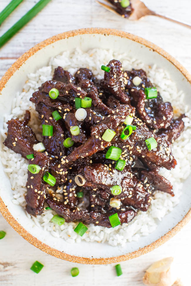 P.F. Chang's Mongolian Beef (Copycat Recipe) - Make the restaurant favorite AT HOME in 20 minutes!! EASY and it has so much FLAVOR! Tastes even BETTER than the restaurant version!!