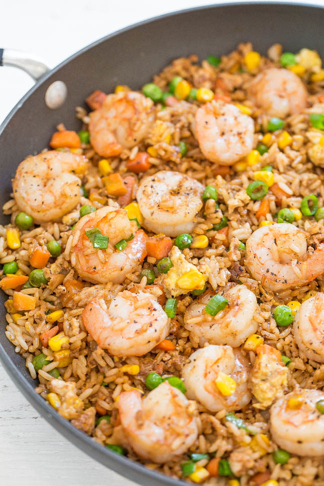Easy Better-Than-Takeout Shrimp Fried Rice - One-skillet, ready in 20 minutes, and you'll never takeout again!! Homemade tastes WAY BETTER!! Tons more flavor, not greasy, and loaded with tender shrimp!!
