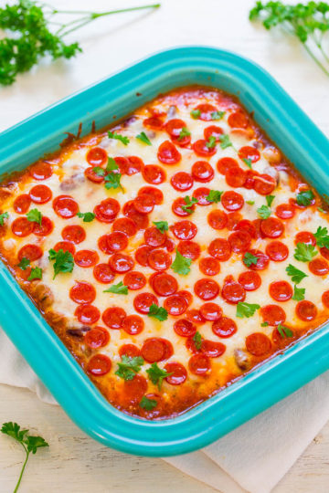 Pepperoni Pizza Baked Beans - Averie Cooks