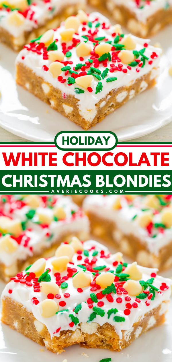 Holiday Frosted White Chocolate Blondies - Averie Cooks