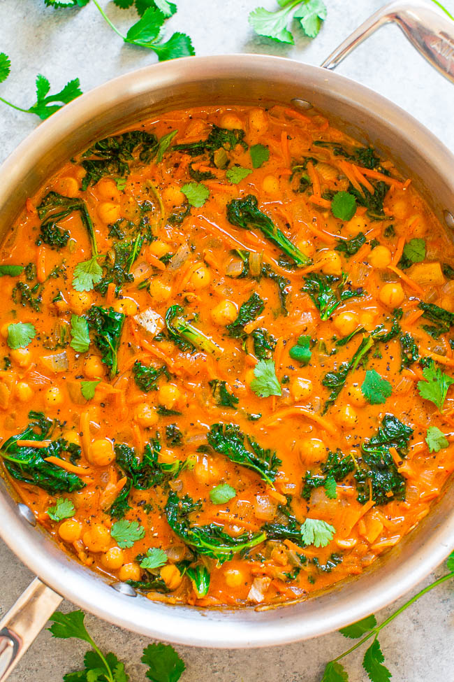 Chickpea and Kale Thai Coconut Curry - An EASY one-skillet vegan curry that's ready in 15 minutes and has AMAZING Thai-inspired flavors!! Low-cal, low-carb, and HEALTHY but tastes like hearty comfort food!!