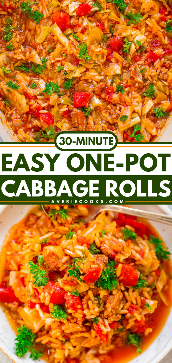 30-Minute One-Pot Cabbage Rolls — An EASY recipe for unstuffed cabbage rolls that's FAST and full of FLAVOR!! Tastes like the real thing, minus the work! Hearty comfort food that's perfect for busy weeknights!!