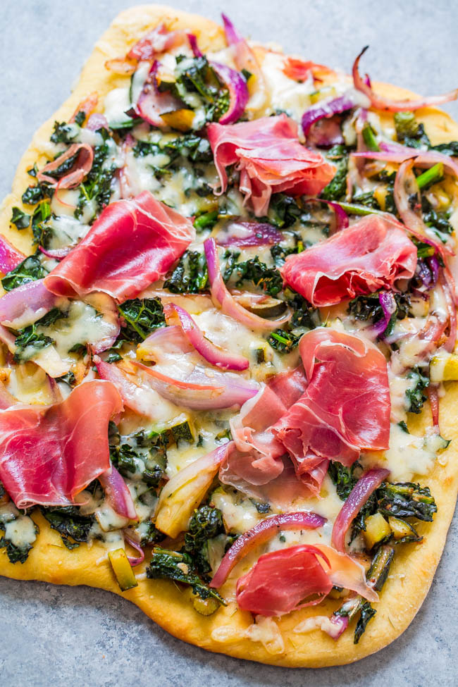 Prosciutto and Balsamic Greens Flatbread - The answer to those times you should be eating a salad but feel like pizza!! Part kale salad, part pizza, perfect for FAST weeknight dinners or EASY entertaining!!