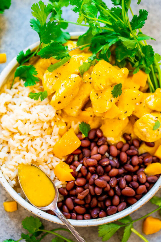 15 Minute Mango Lime Chicken With Rice And Beans Averie Cooks   Mangochicken 5 560x840 