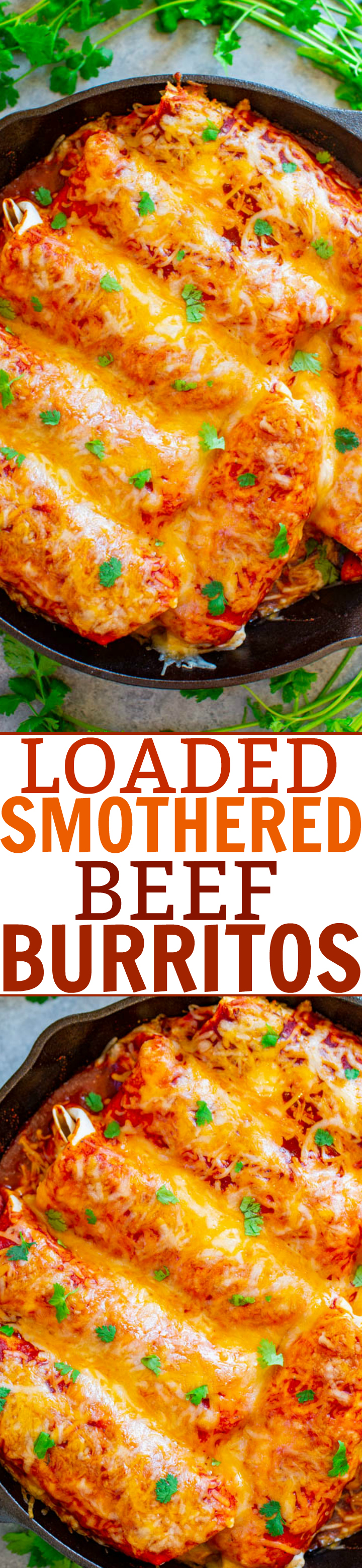 Loaded Smothered Beef Burritos - Mexican comfort food that's loaded with seasoned ground beef, refried beans, rice, and smothered with sauce and CHEESE!! Tastes BETTER than from a restaurant, freezer-friendly, and so EASY!! 