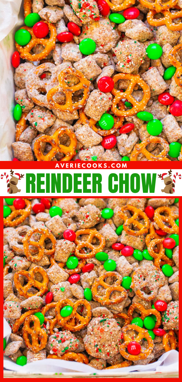 A mix of pretzels, chocolate candies, and cereal covered in powdered sugar, displayed with holiday-themed colors of red and green.