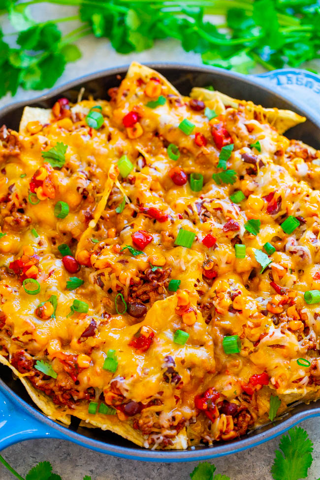 Loaded Skillet Nachos (with Ground Beef!) - Averie Cooks