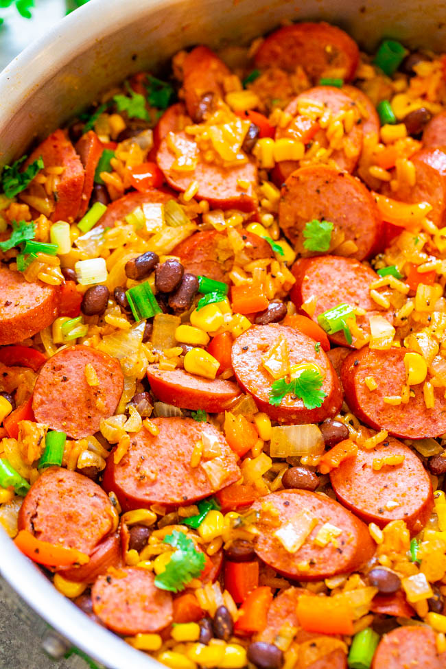 15-Minute Mexican Rice & Beans Skillet (With Sausage!) - Averie Cooks
