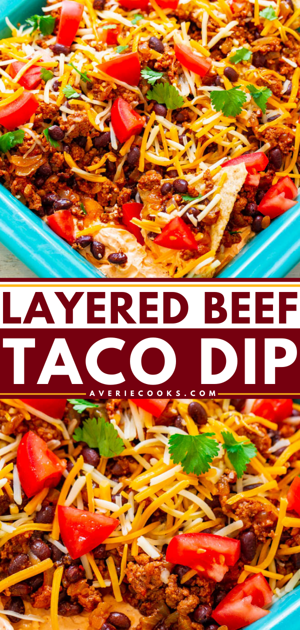 A colorful layered beef taco dip with seasoned beef, black beans, shredded cheese, chopped tomatoes, and cilantro in a turquoise dish.