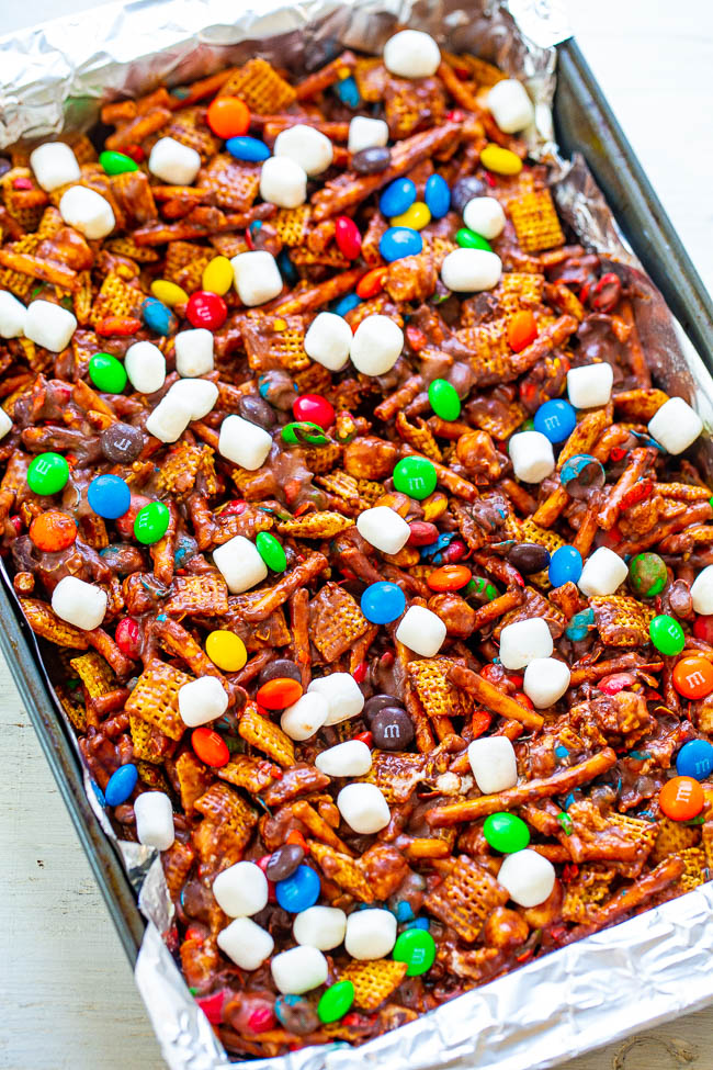baking pan of peanut butter chex bars