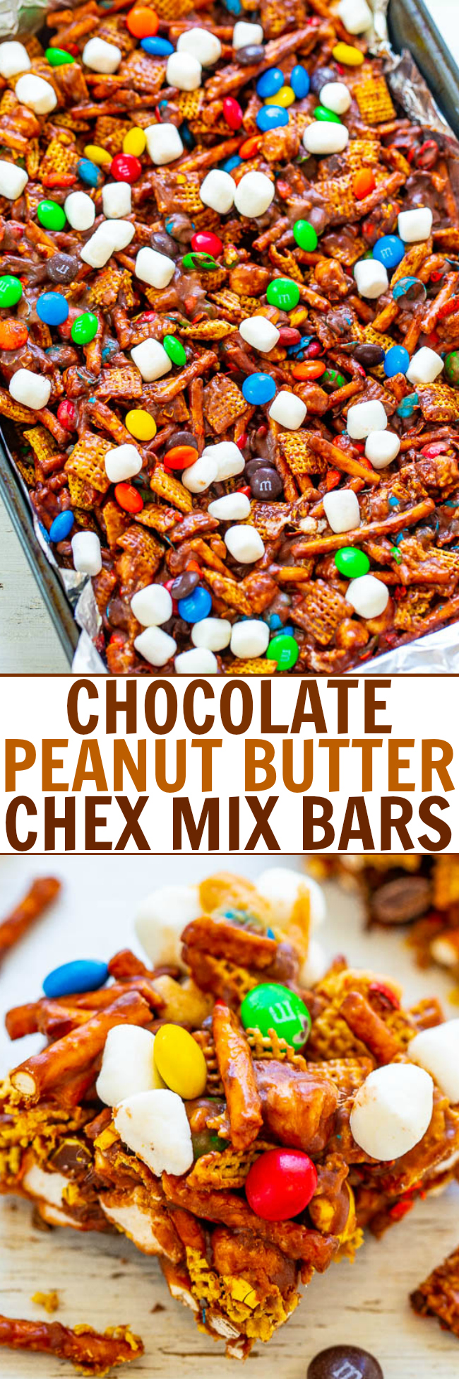Chocolate Peanut Butter Chex Bars — SO EASY, NO-BAKE, and ready in FIVE minutes!! Chex cereal, pretzels, and M&Ms glued together with peanut butter and marshmallows!! An IRRESISTIBLE salty-sweet combination!!