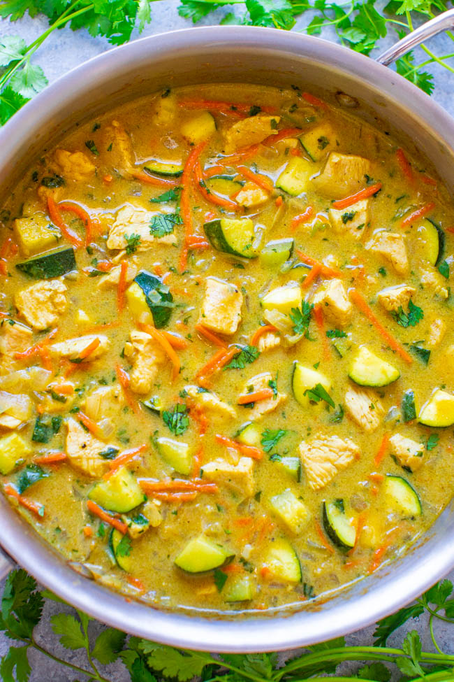 Overhead shot of Green Thai Chicken Coconut Curry