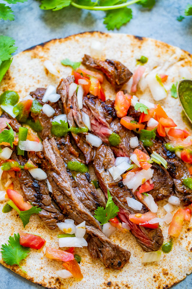 close up view of a grilled steak taco