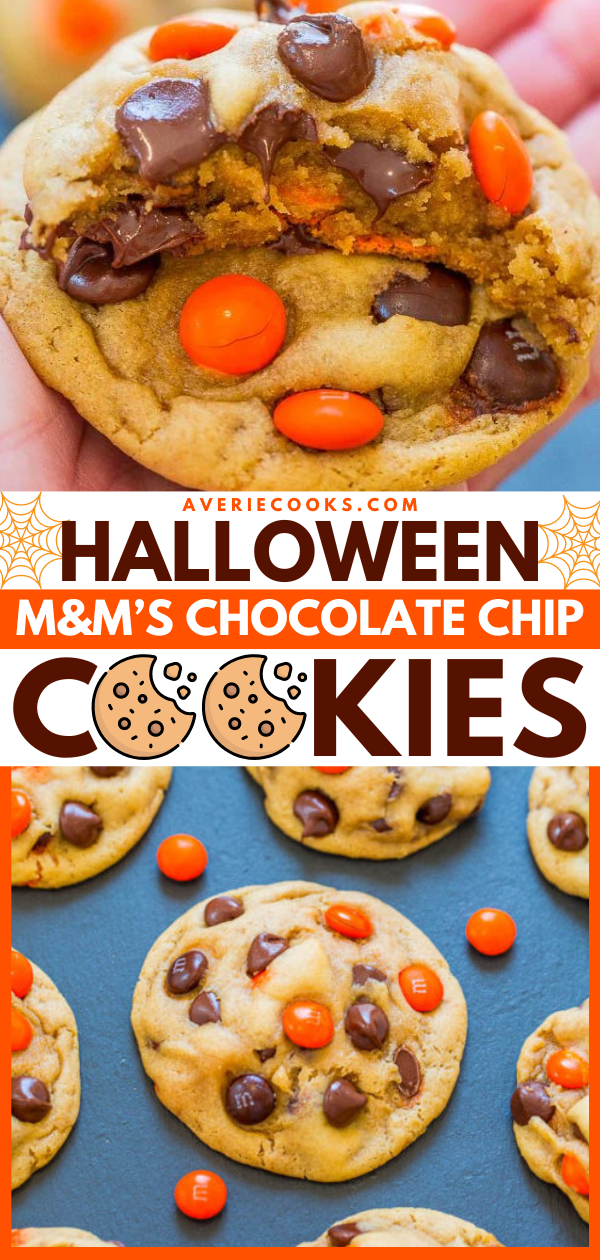 A close-up of Halloween-themed M&M's chocolate chip cookies with orange candies, chocolate chips, and a soft texture.