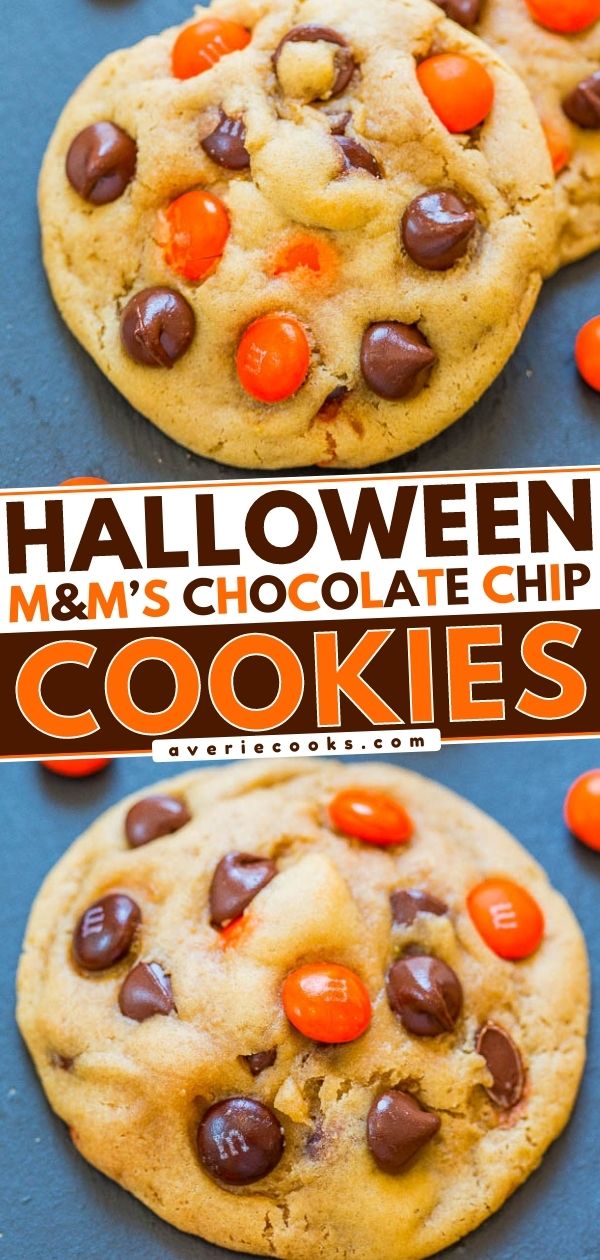 Close-up of cookies with orange M&M's and chocolate chips, with text overlay: "Halloween M&M's Chocolate Chip Cookies.