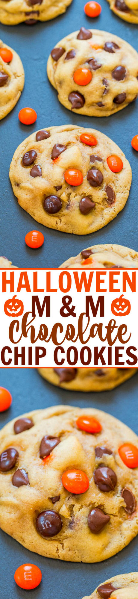 Cookies with chocolate chips and orange candies on a gray surface, accompanied by text: "Halloween M&M Chocolate Chip Cookies.