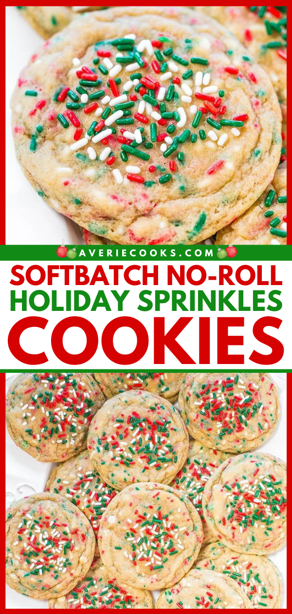 A selection of softbatch no-roll cookies topped with red, green, and white sprinkles, arranged on a white surface.