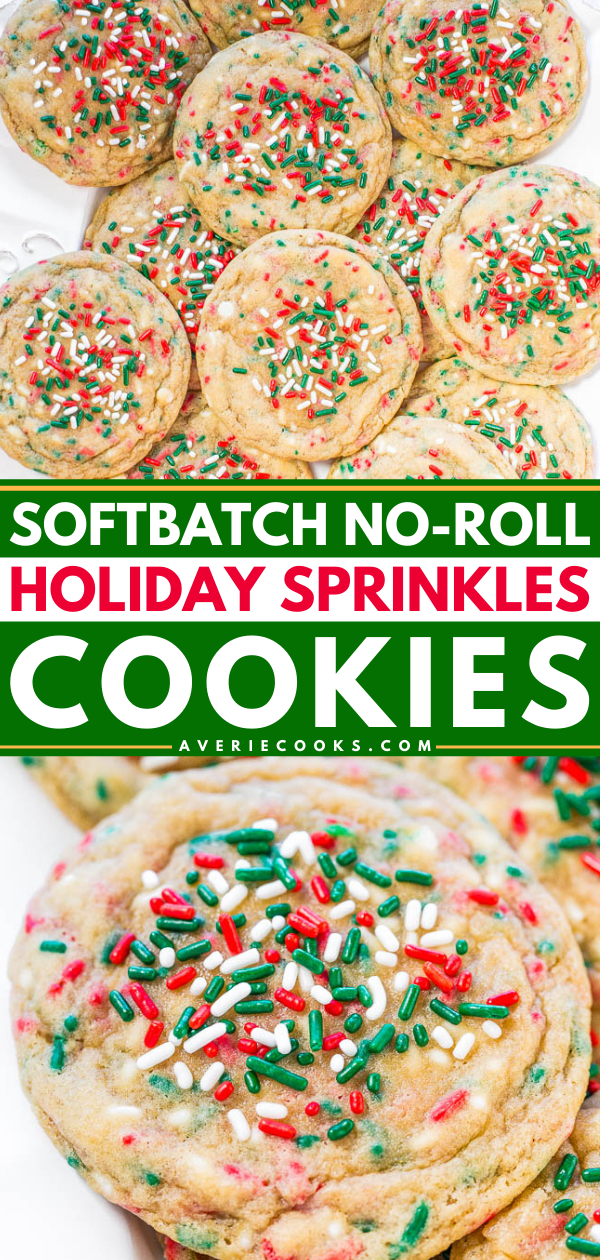 A tray of softbatch cookies topped with red, green, and white holiday sprinkles. Text overlay: "Softbatch No-Roll Holiday Sprinkles Cookies - averiecooks.com".