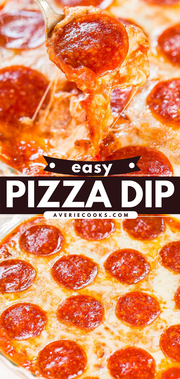 Close-up of a pepperoni pizza dip with melted cheese, shown with a spoon serving a portion. Text overlay reads "easy pizza dip" and "averiecooks.com.