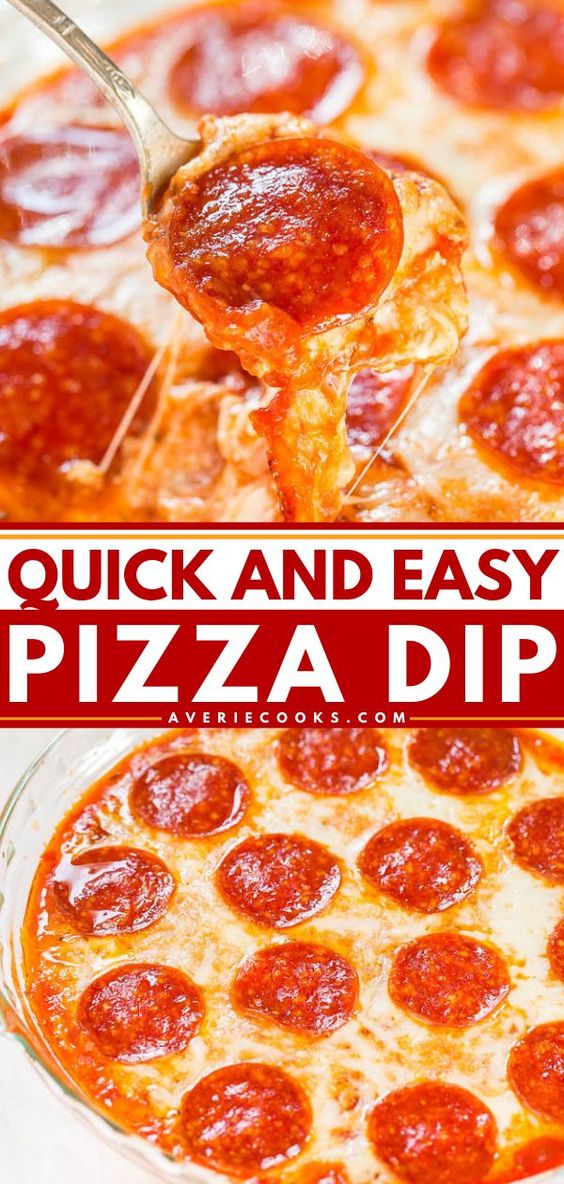 Close-up of a pepperoni pizza dip with a spoon lifting a cheesy pepperoni slice. Text reads: "Quick and Easy Pizza Dip" from averiecooks.com.