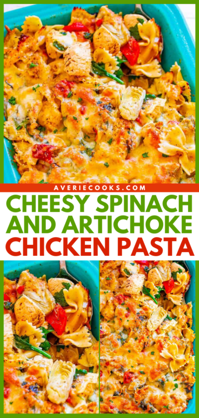 Cheesy Chicken Artichoke Pasta Bake - Averie Cooks