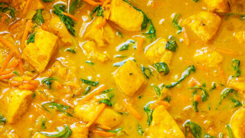 Yellow Thai Chicken Coconut Curry - Better-than-takeout yellow curry is EASY and ready in 25 minutes!! Healthy comfort food with the PERFECT amount of heat and lots of textures and flavors in every bite! Impress your friends and family and make this DELICIOUS curry at home!!