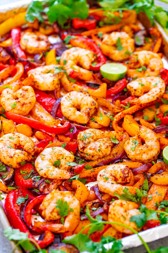 Quick & Easy Sheet Pan Shrimp Fajitas - Averie Cooks