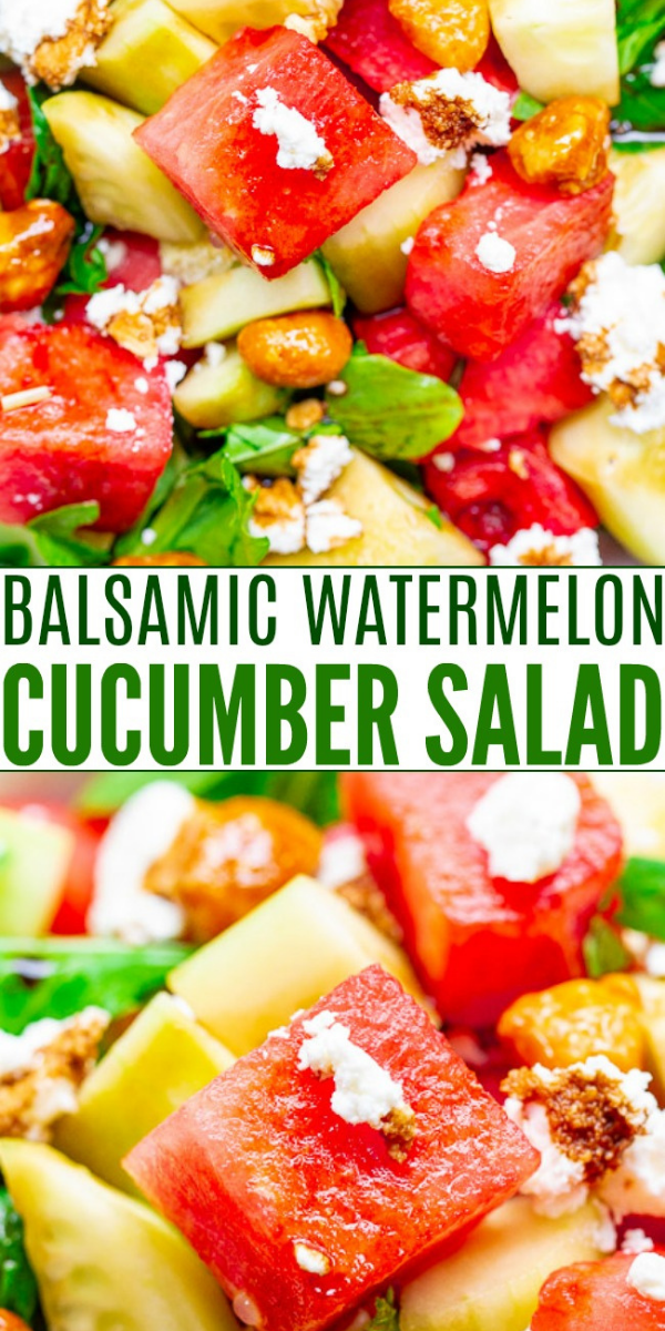 Balsamic Watermelon Cucumber Salad — An EASY, healthy, and light salad with watermelon, cucumber, arugula, goat cheese, candied nuts, and drizzled with a homemade balsamic glaze!! A PERFECT summer salad for those days when it's too hot to cook!!
