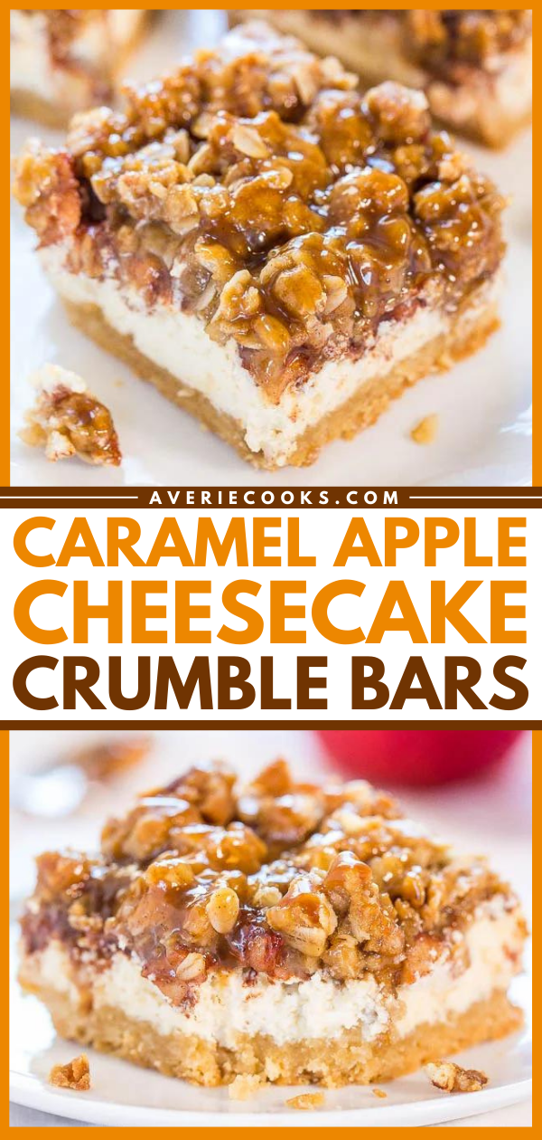 Close-up of caramel apple cheesecake crumble bars featuring a creamy cheesecake layer topped with an apple crumble mixture and caramel drizzle.