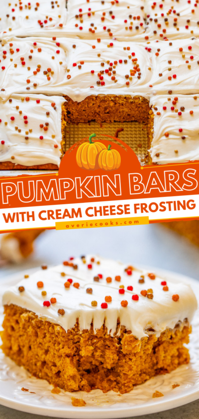 Moist Pumpkin Bars with Cream Cheese Frosting (Well Spiced!) - Averie Cooks