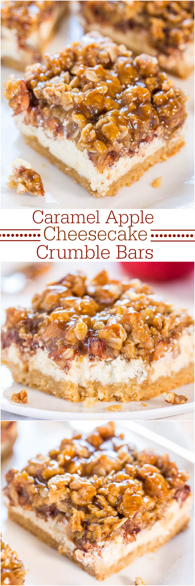 Close-up of Caramel Apple Cheesecake Crumble Bars, showing layers of cheesecake, apple filling, and caramelized crumble topping.