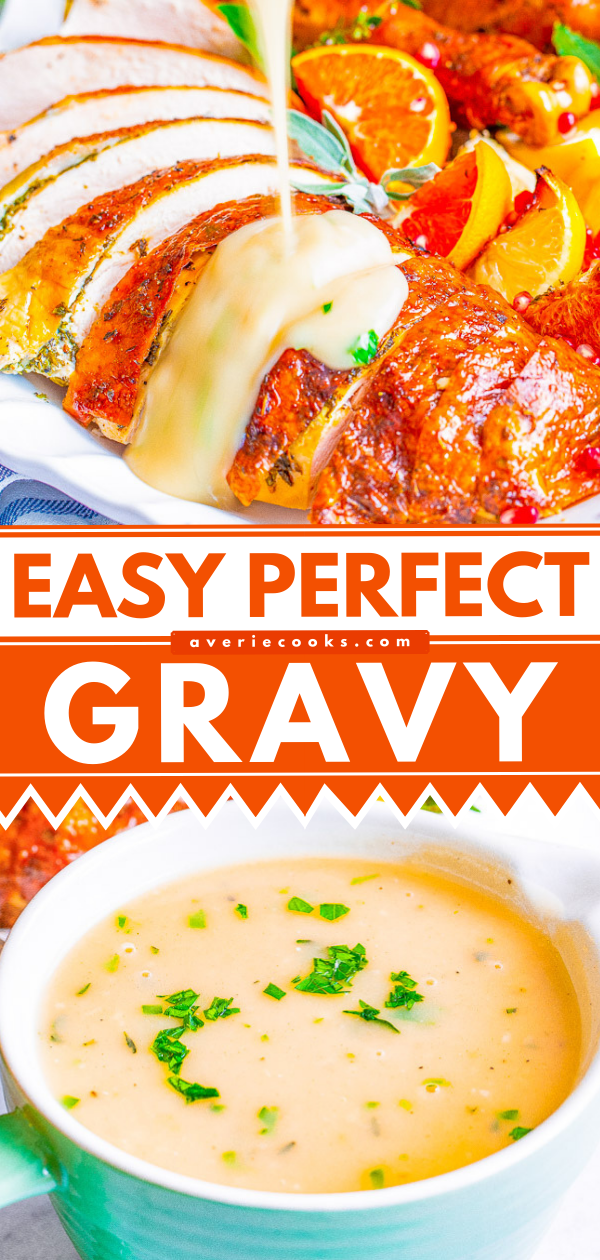 Top image shows sliced roasted turkey on a plate with gravy being poured over it. Middle text reads "EASY PERFECT GRAVY." Bottom image shows a bowl of gravy garnished with chopped herbs.