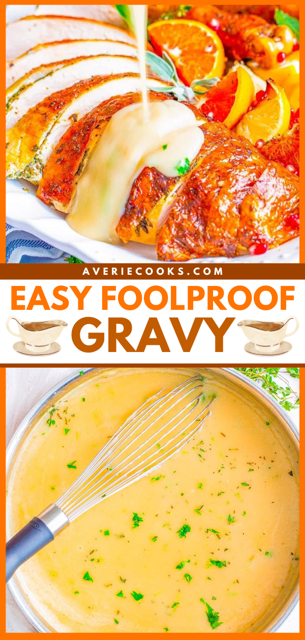 Top image shows roasted turkey with citrus slices, gravy being poured over it. Text in middle reads "AverieCooks.com Easy Foolproof Gravy." Bottom image shows a whisk in a pot of gravy garnished with herbs.