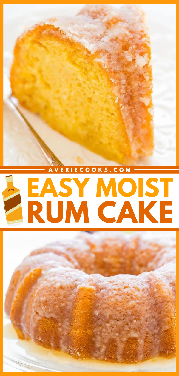 A slice of moist rum cake with a glaze on a plate, accompanied by a full bundt-shaped rum cake shown below, labeled "Easy Moist Rum Cake.