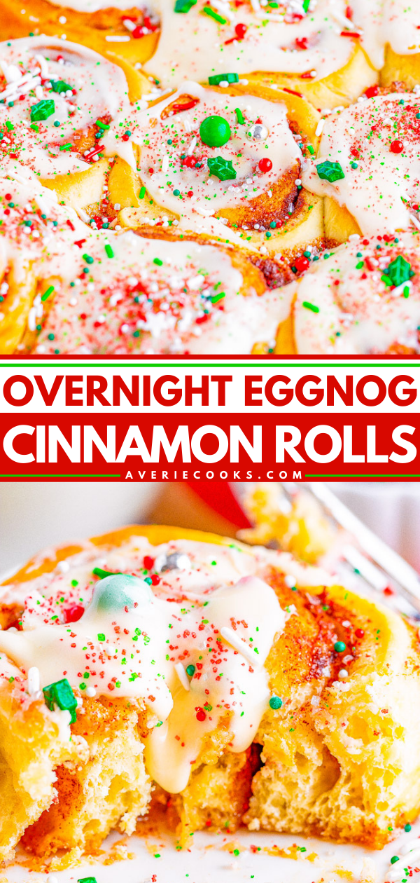 Close-up of frosted cinnamon rolls topped with red and green sprinkles and candies. Text reads "Overnight Eggnog Cinnamon Rolls" with a website name.