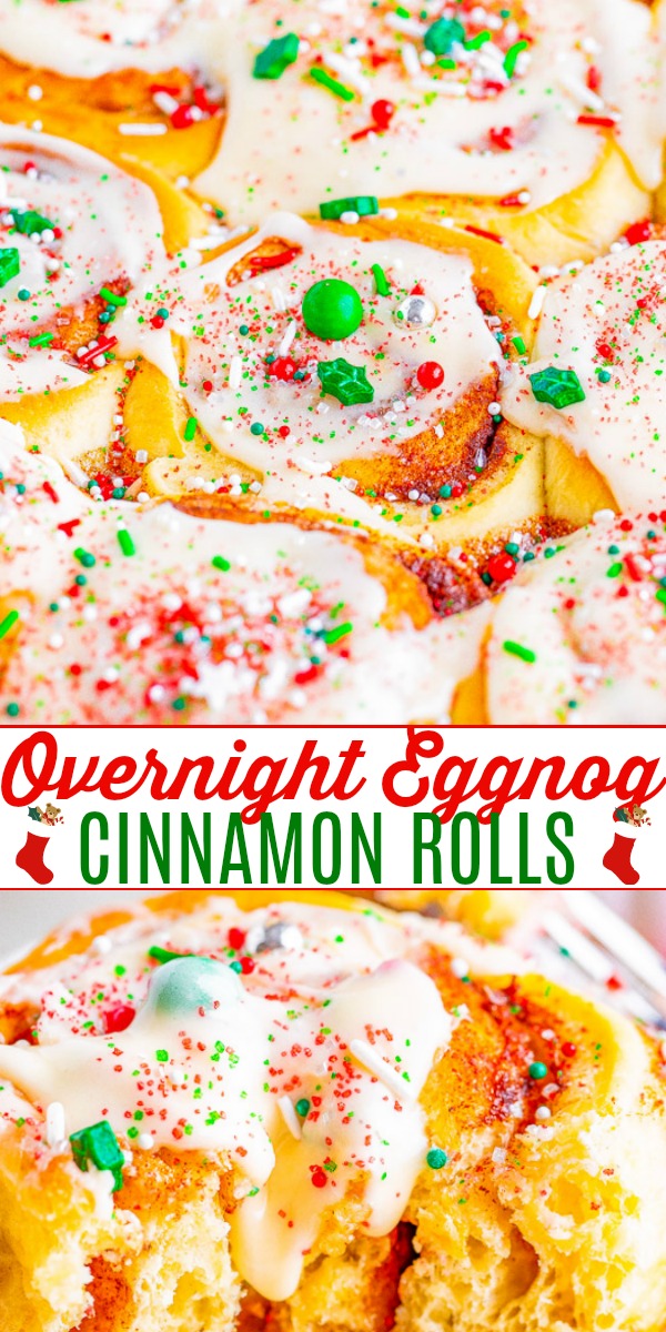 Cinnamon rolls topped with white frosting and festive sprinkles in red and green. Text reads "Overnight Eggnog Cinnamon Rolls.