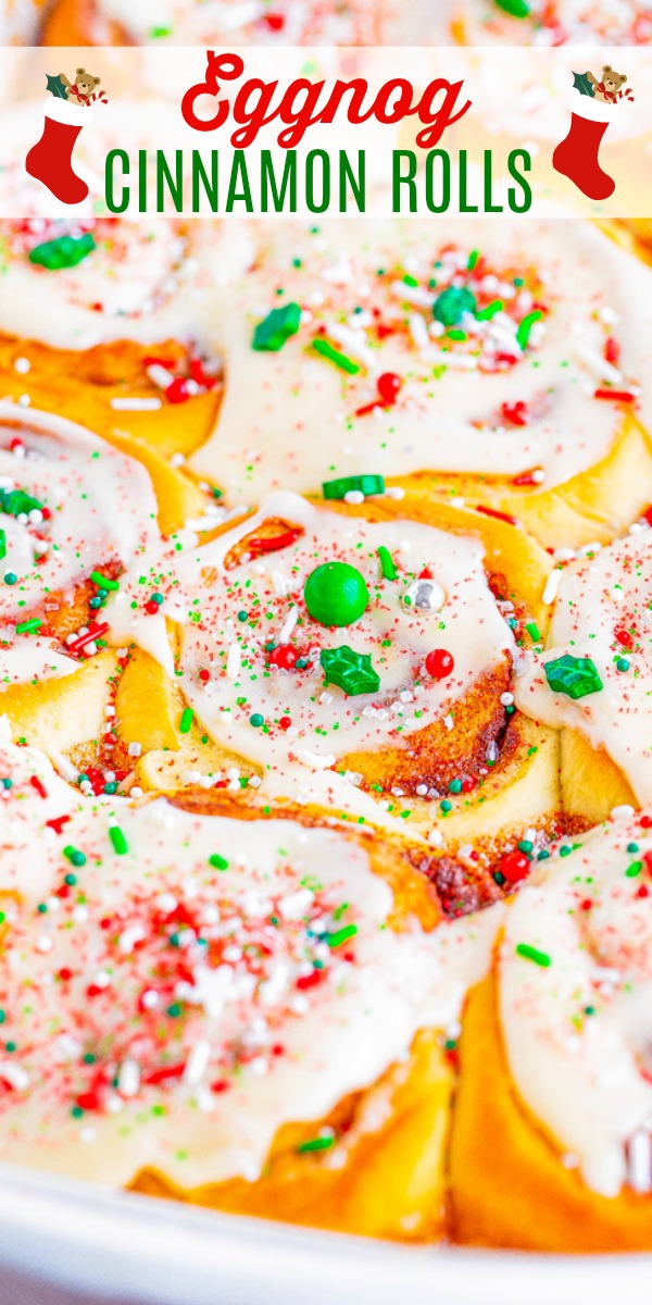 Close-up of frosted eggnog cinnamon rolls topped with red and green sprinkles and candy, with a festive header image featuring Christmas stockings.