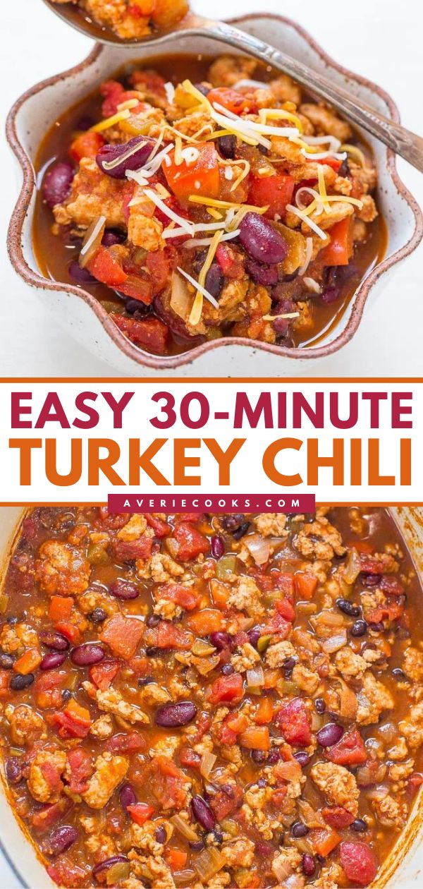 Two bowls of turkey chili with beans, tomatoes, and cheese, accompanied by a recipe text featuring the phrase "Easy 30-Minute Turkey Chili" in bold letters.