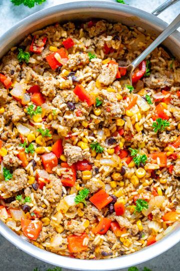 15-Minute Tex-Mex Ground Beef & Rice Skillet - Averie Cooks