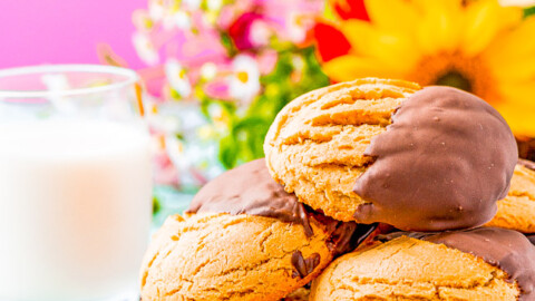 Peanut Butter Pudding Cookies - These chocolate-dipped peanut butter pudding cookies are SOFT AND CHEWY on the inside thanks to the addition of pudding mix in the cookie dough! Dipping them in dark chocolate makes for the PERFECT flavor combo!!