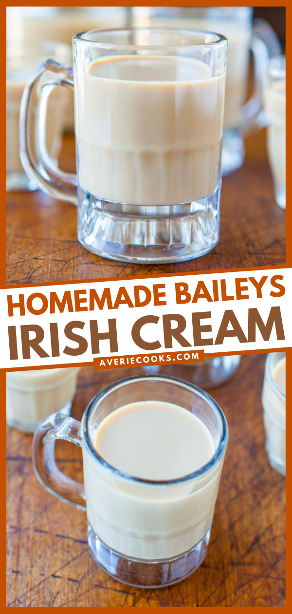 Two glass mugs filled with homemade Baileys Irish cream are placed on a wooden surface. The top image shows a closer view of the drink, while the bottom image provides a wider angle.