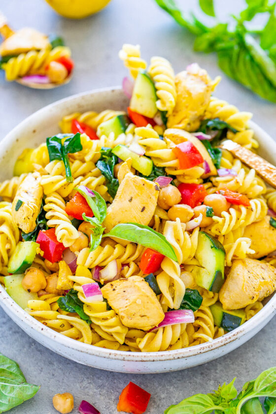 Mediterranean Lemon Basil Pasta Salad with Chicken - Averie Cooks