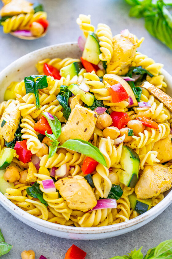 Mediterranean Lemon Basil Pasta Salad with Chicken - Averie Cooks